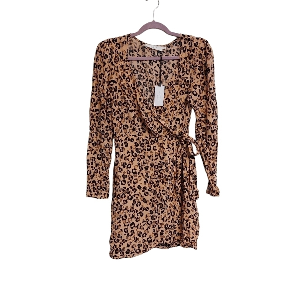 ASTR Ladies Long Sleeve Faux Wrap Animal Print Mini Dress- size S